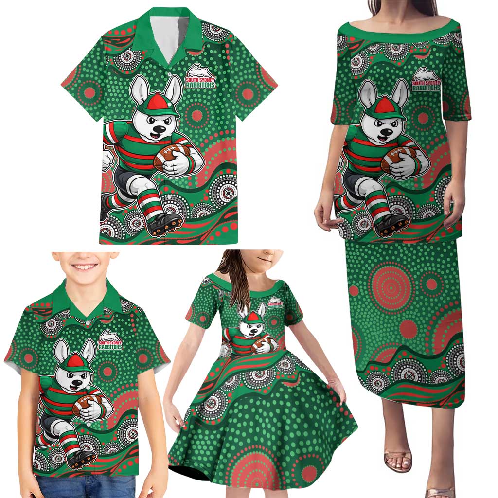 South Sydney Rabbitohs Family Matching Puletasi and Hawaiian Shirt Aboriginal Dot Pattern - Rugby Mascot Heritage Pride