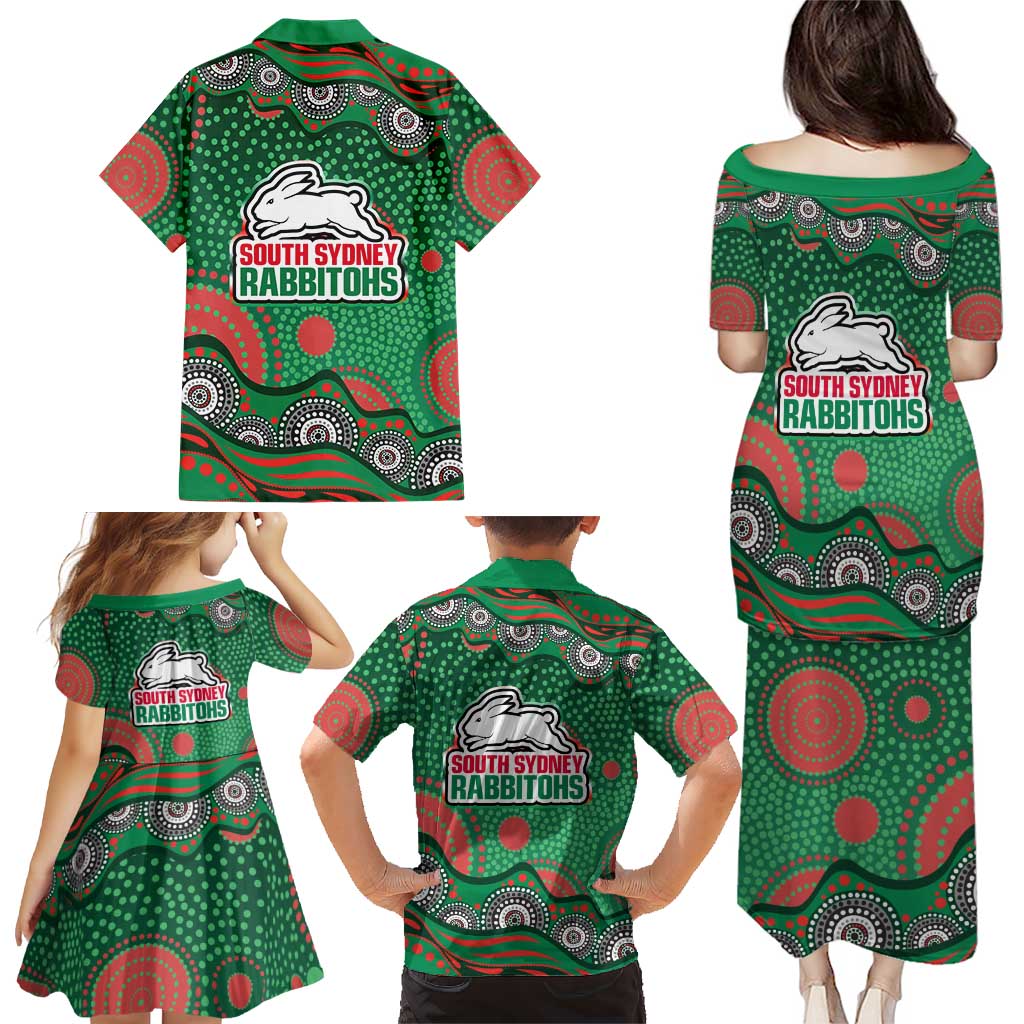 South Sydney Rabbitohs Family Matching Puletasi and Hawaiian Shirt Aboriginal Dot Pattern - Rugby Mascot Heritage Pride