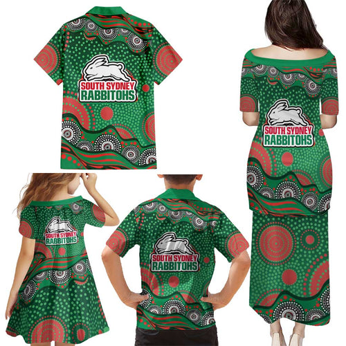 South Sydney Rabbitohs Family Matching Puletasi and Hawaiian Shirt Aboriginal Dot Pattern - Rugby Mascot Heritage Pride