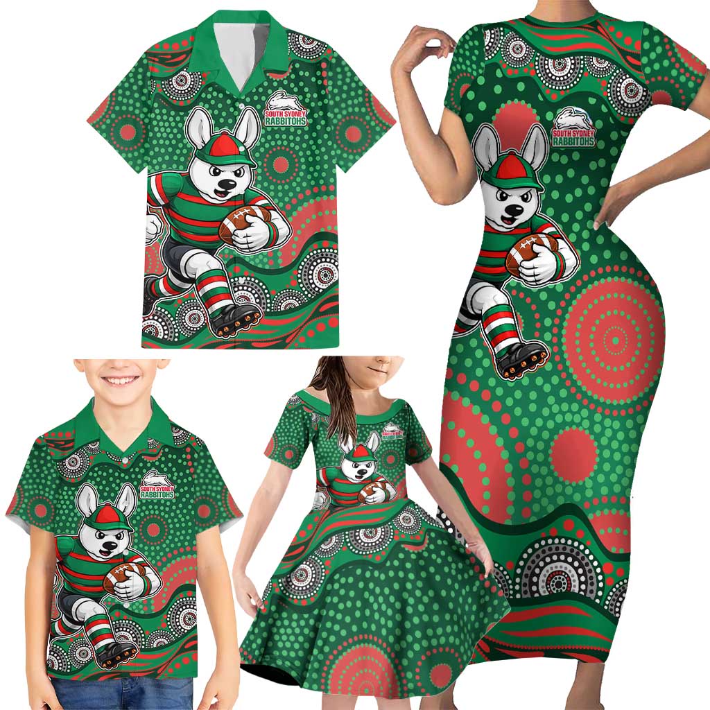 South Sydney Rabbitohs Family Matching Short Sleeve Bodycon Dress and Hawaiian Shirt Aboriginal Dot Pattern - Rugby Mascot Heritage Pride