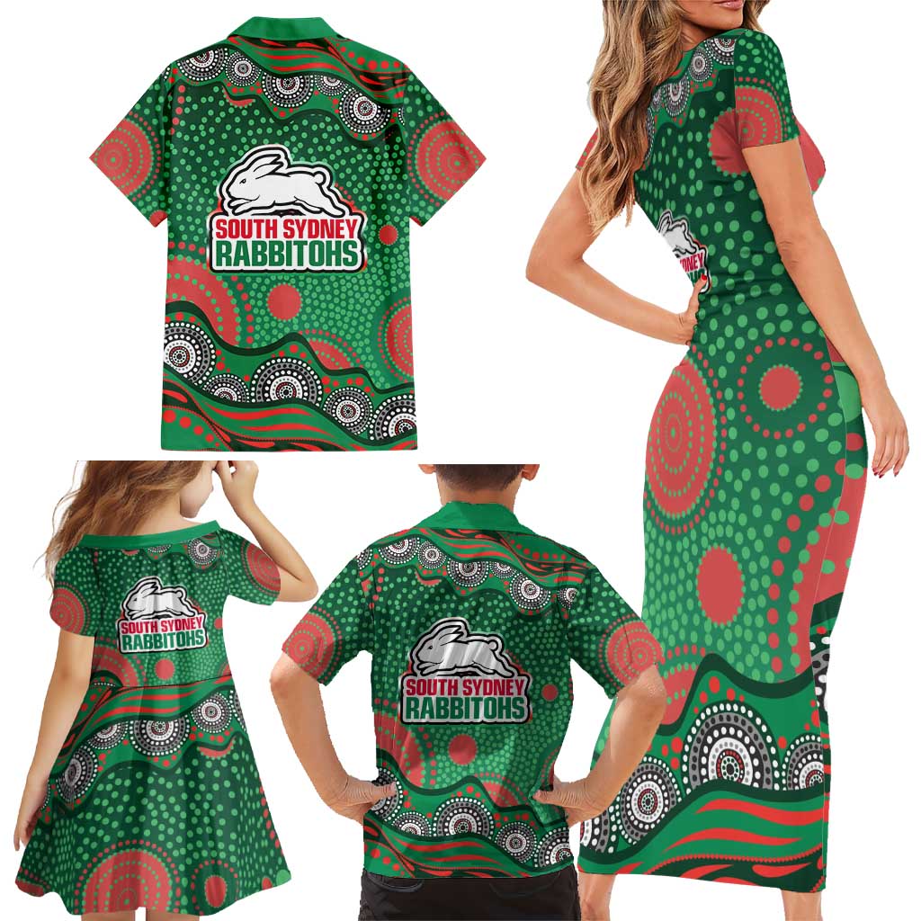 South Sydney Rabbitohs Family Matching Short Sleeve Bodycon Dress and Hawaiian Shirt Aboriginal Dot Pattern - Rugby Mascot Heritage Pride