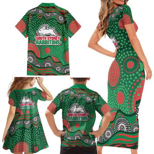 South Sydney Rabbitohs Family Matching Short Sleeve Bodycon Dress and Hawaiian Shirt Aboriginal Dot Pattern - Rugby Mascot Heritage Pride