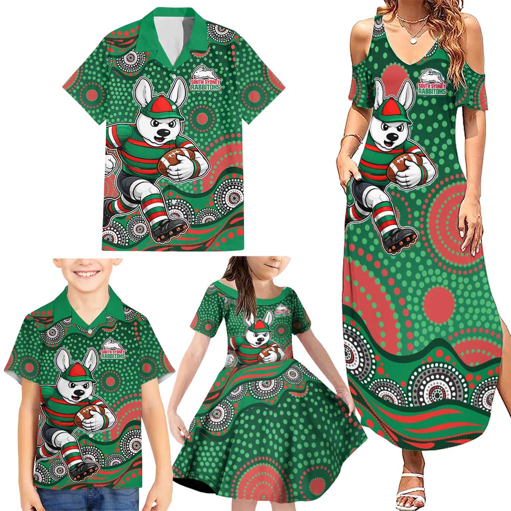 South Sydney Rabbitohs Family Matching Summer Maxi Dress and Hawaiian Shirt Aboriginal Dot Pattern - Rugby Mascot Heritage Pride