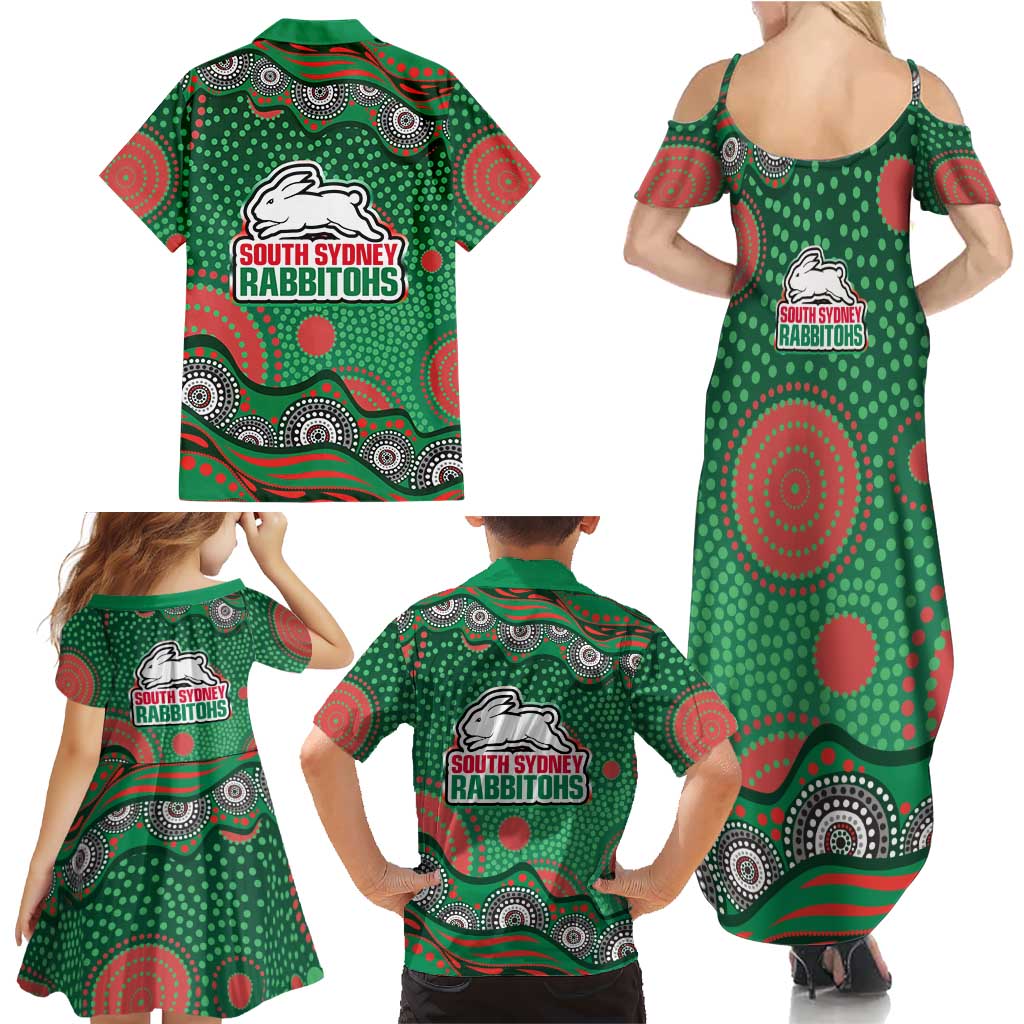 South Sydney Rabbitohs Family Matching Summer Maxi Dress and Hawaiian Shirt Aboriginal Dot Pattern - Rugby Mascot Heritage Pride