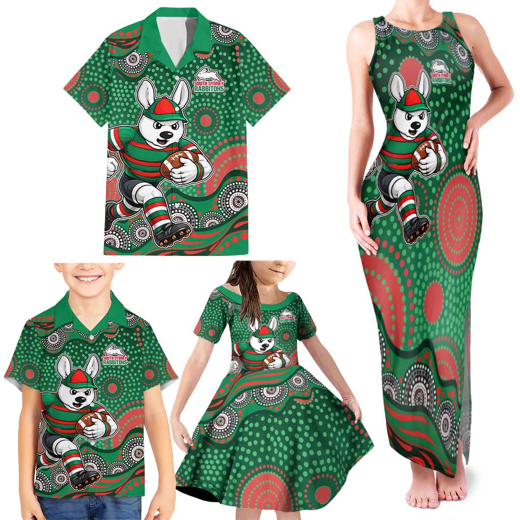 South Sydney Rabbitohs Family Matching Tank Maxi Dress and Hawaiian Shirt Aboriginal Dot Pattern - Rugby Mascot Heritage Pride