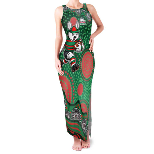 South Sydney Rabbitohs Family Matching Tank Maxi Dress and Hawaiian Shirt Aboriginal Dot Pattern - Rugby Mascot Heritage Pride
