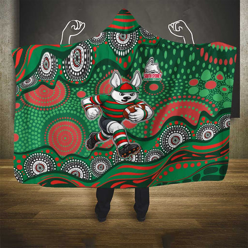 South Sydney Rabbitohs Hooded Blanket Aboriginal Dot Pattern - Rugby Mascot Heritage Pride