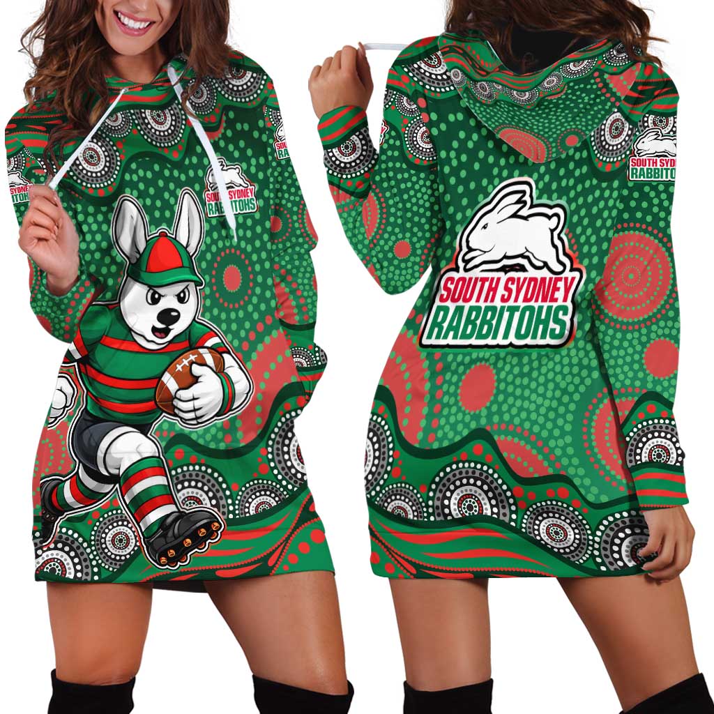 South Sydney Rabbitohs Hoodie Dress Aboriginal Dot Pattern - Rugby Mascot Heritage Pride