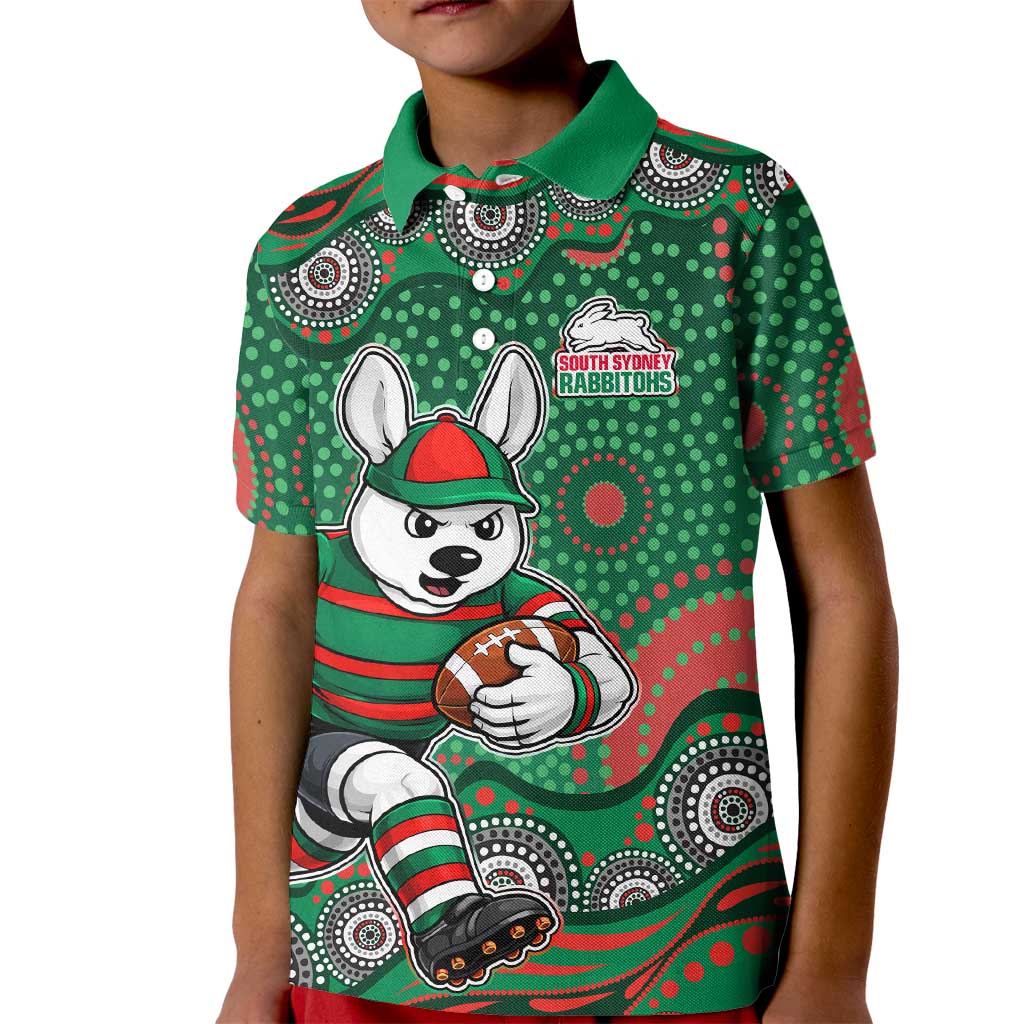 South Sydney Rabbitohs Kid Polo Shirt Aboriginal Dot Pattern - Rugby Mascot Heritage Pride