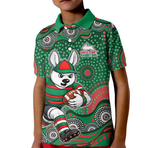 South Sydney Rabbitohs Kid Polo Shirt Aboriginal Dot Pattern - Rugby Mascot Heritage Pride