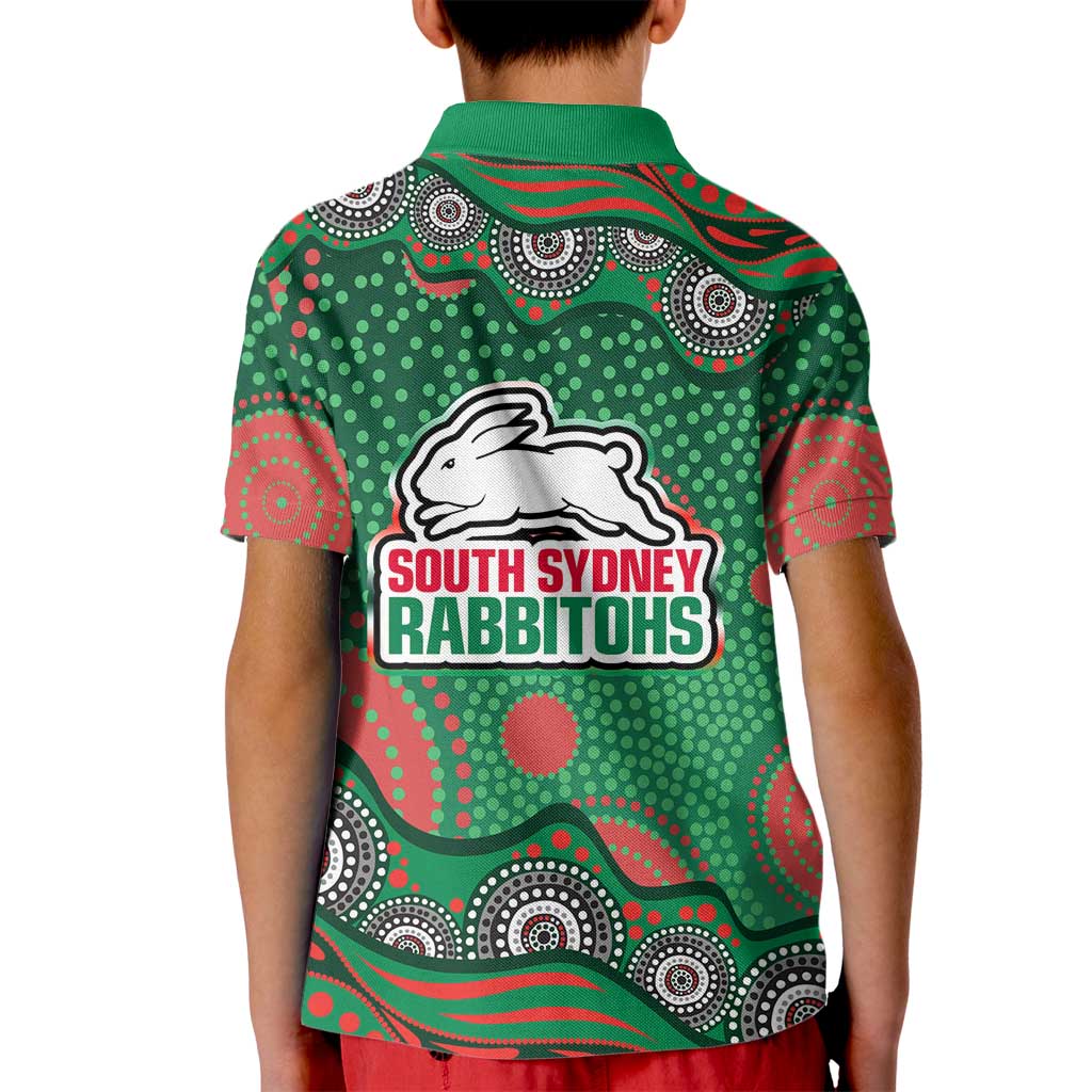South Sydney Rabbitohs Kid Polo Shirt Aboriginal Dot Pattern - Rugby Mascot Heritage Pride