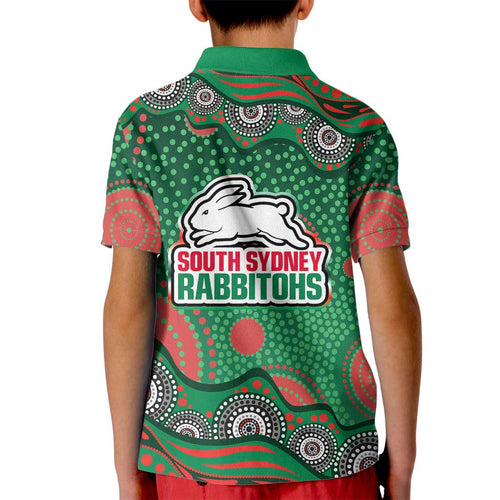 South Sydney Rabbitohs Kid Polo Shirt Aboriginal Dot Pattern - Rugby Mascot Heritage Pride