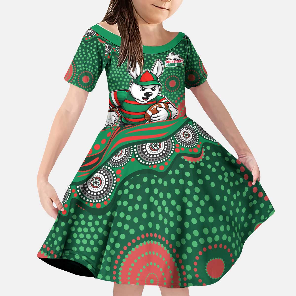 South Sydney Rabbitohs Kid Short Sleeve Dress Aboriginal Dot Pattern - Rugby Mascot Heritage Pride