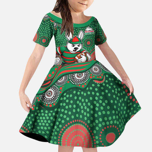 South Sydney Rabbitohs Kid Short Sleeve Dress Aboriginal Dot Pattern - Rugby Mascot Heritage Pride