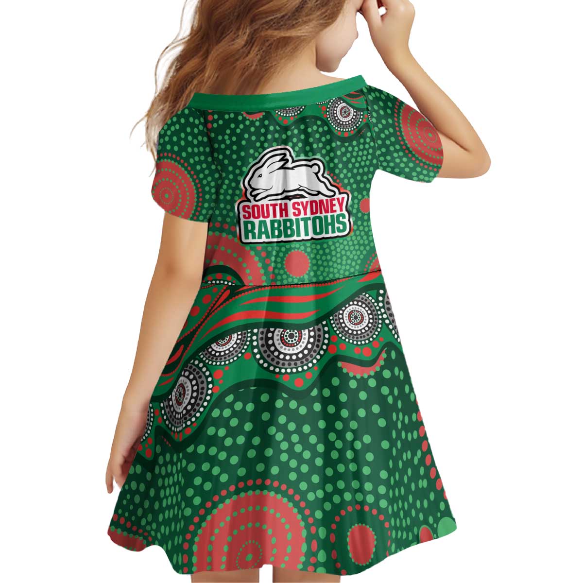South Sydney Rabbitohs Kid Short Sleeve Dress Aboriginal Dot Pattern - Rugby Mascot Heritage Pride