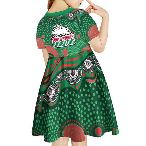South Sydney Rabbitohs Kid Short Sleeve Dress Aboriginal Dot Pattern - Rugby Mascot Heritage Pride