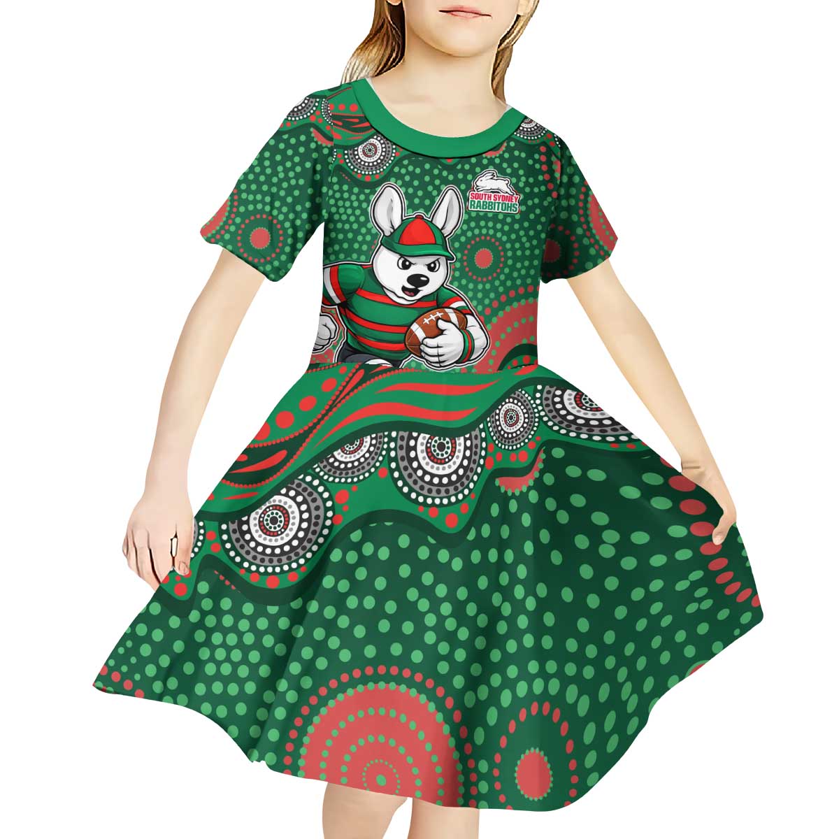 South Sydney Rabbitohs Kid Short Sleeve Dress Aboriginal Dot Pattern - Rugby Mascot Heritage Pride