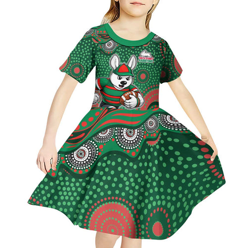 South Sydney Rabbitohs Kid Short Sleeve Dress Aboriginal Dot Pattern - Rugby Mascot Heritage Pride