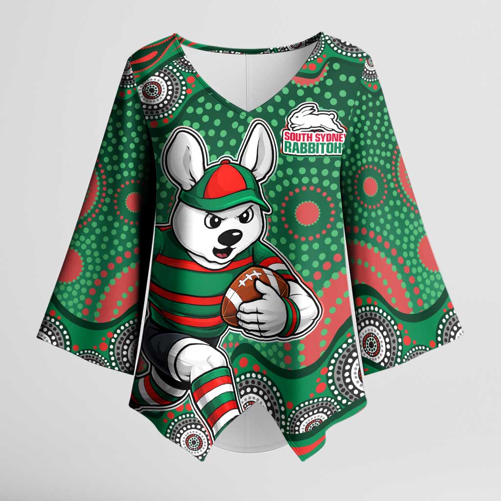 South Sydney Rabbitohs Kimono Sleeve Blouse Aboriginal Dot Pattern - Rugby Mascot Heritage Pride