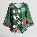 South Sydney Rabbitohs Kimono Sleeve Blouse Aboriginal Dot Pattern - Rugby Mascot Heritage Pride