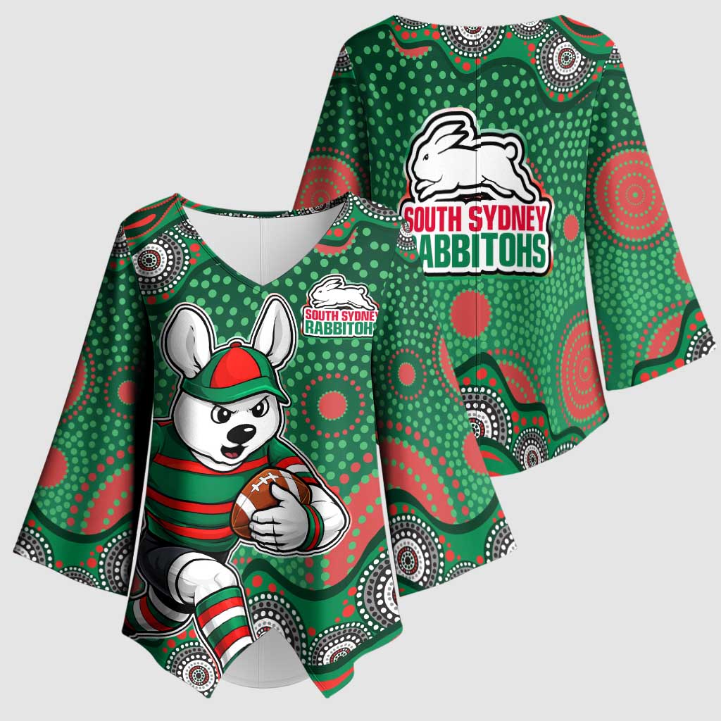 South Sydney Rabbitohs Kimono Sleeve Blouse Aboriginal Dot Pattern - Rugby Mascot Heritage Pride