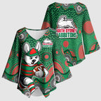 South Sydney Rabbitohs Kimono Sleeve Blouse Aboriginal Dot Pattern - Rugby Mascot Heritage Pride