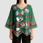 South Sydney Rabbitohs Kimono Sleeve Blouse Aboriginal Dot Pattern - Rugby Mascot Heritage Pride