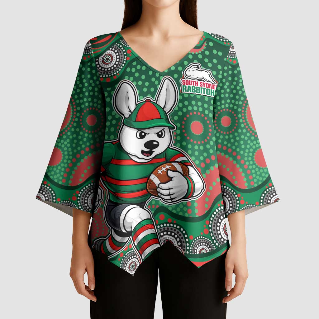 South Sydney Rabbitohs Kimono Sleeve Blouse Aboriginal Dot Pattern - Rugby Mascot Heritage Pride
