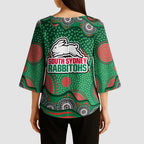 South Sydney Rabbitohs Kimono Sleeve Blouse Aboriginal Dot Pattern - Rugby Mascot Heritage Pride