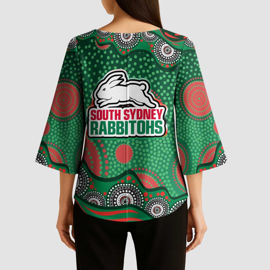 South Sydney Rabbitohs Kimono Sleeve Blouse Aboriginal Dot Pattern - Rugby Mascot Heritage Pride