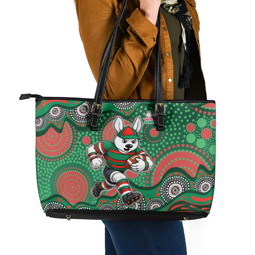 South Sydney Rabbitohs Leather Tote Bag Aboriginal Dot Pattern - Rugby Mascot Heritage Pride