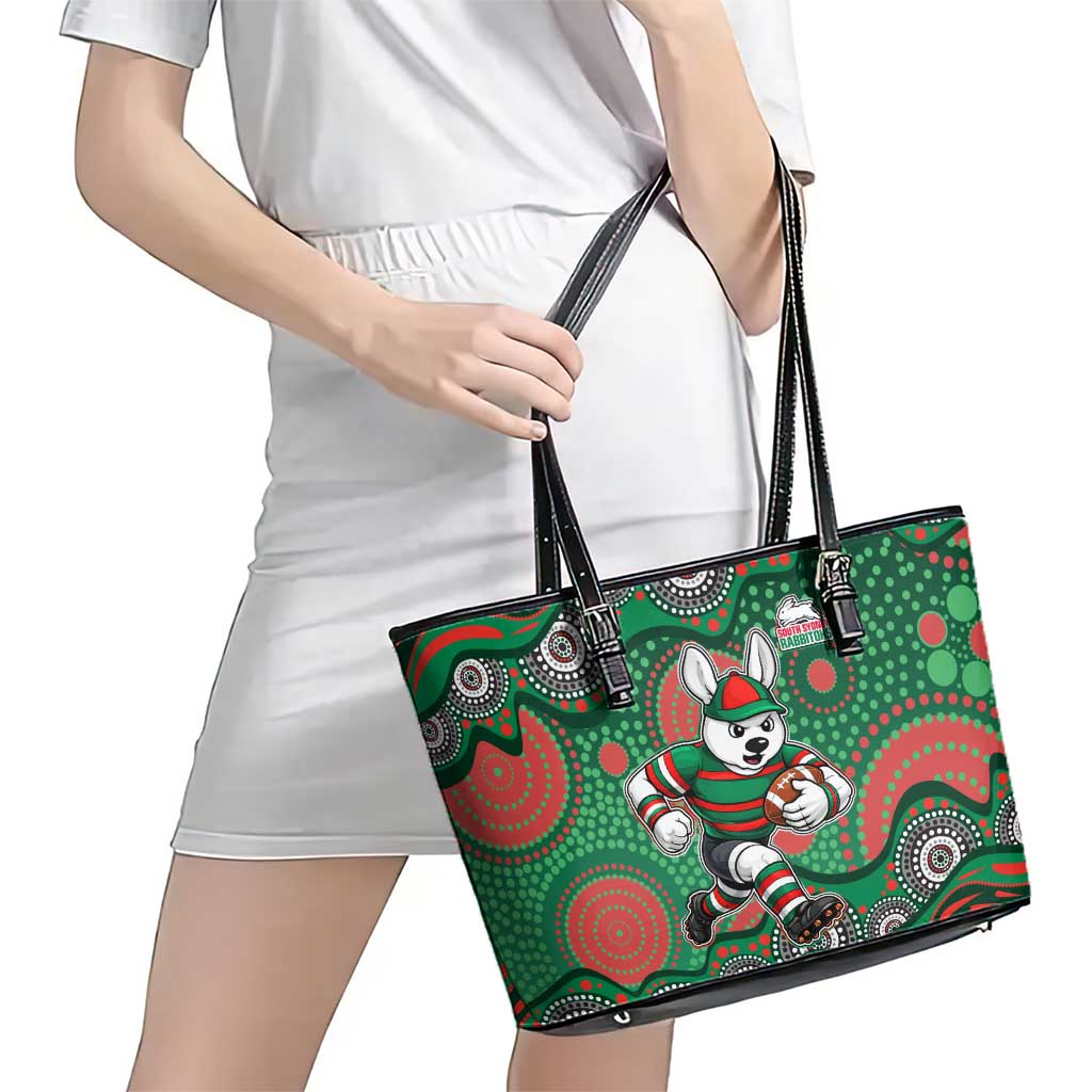 South Sydney Rabbitohs Leather Tote Bag Aboriginal Dot Pattern - Rugby Mascot Heritage Pride