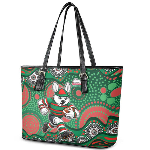 South Sydney Rabbitohs Leather Tote Bag Aboriginal Dot Pattern - Rugby Mascot Heritage Pride