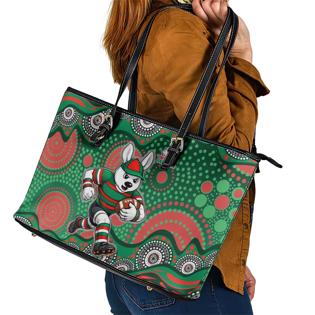 South Sydney Rabbitohs Leather Tote Bag Aboriginal Dot Pattern - Rugby Mascot Heritage Pride