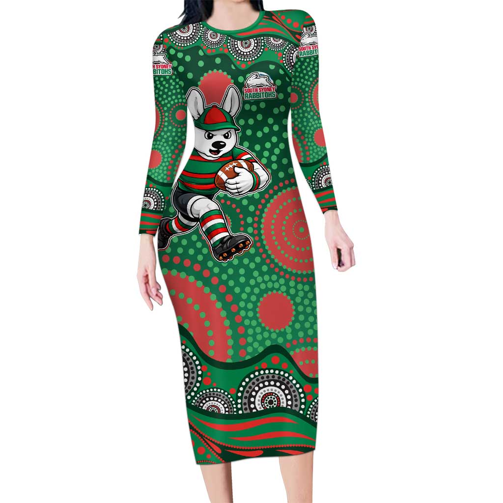 South Sydney Rabbitohs Long Sleeve Bodycon Dress Aboriginal Dot Pattern - Rugby Mascot Heritage Pride