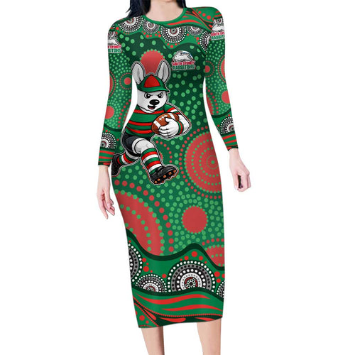South Sydney Rabbitohs Long Sleeve Bodycon Dress Aboriginal Dot Pattern - Rugby Mascot Heritage Pride