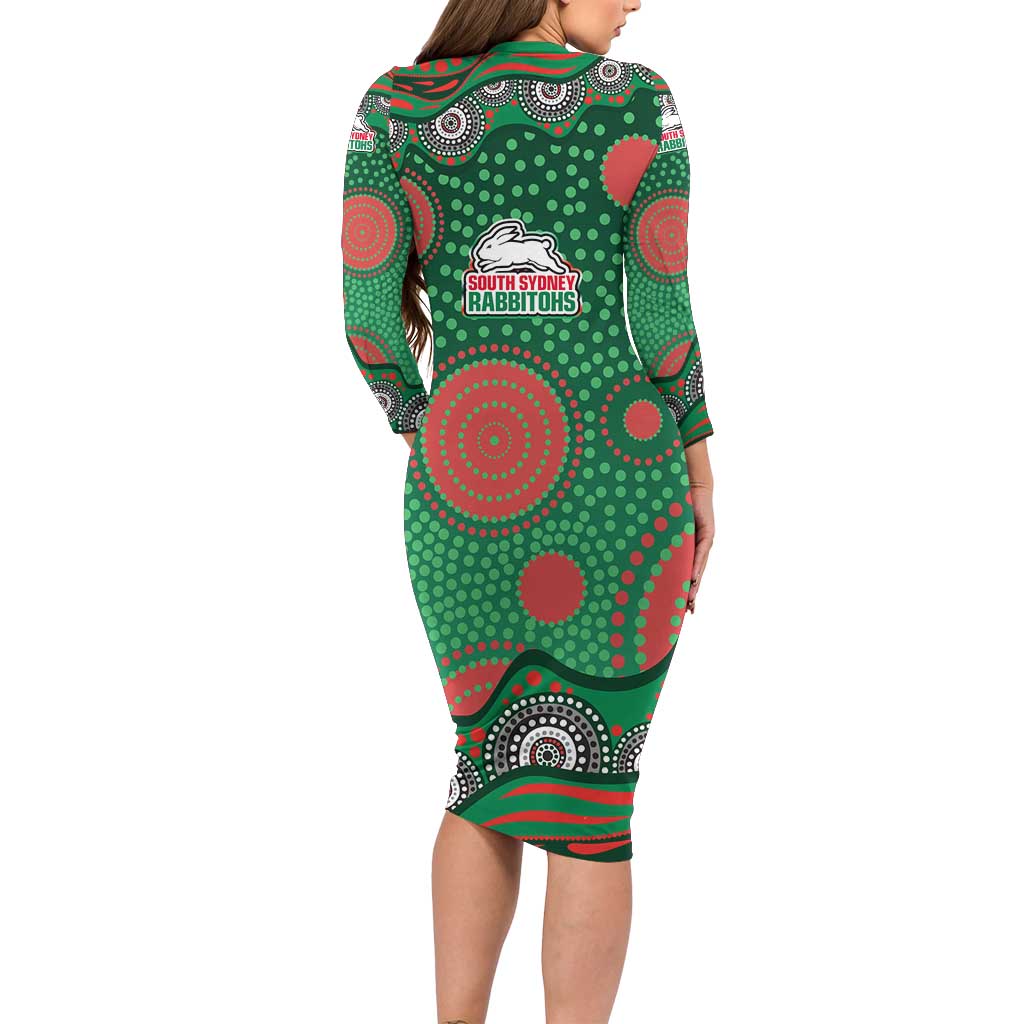 South Sydney Rabbitohs Long Sleeve Bodycon Dress Aboriginal Dot Pattern - Rugby Mascot Heritage Pride