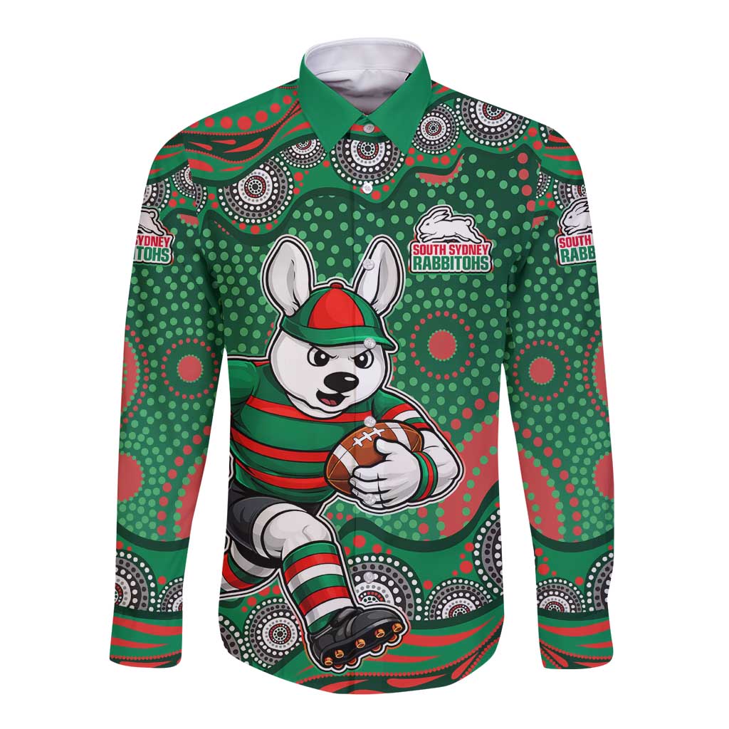 South Sydney Rabbitohs Long Sleeve Button Shirt Aboriginal Dot Pattern - Rugby Mascot Heritage Pride