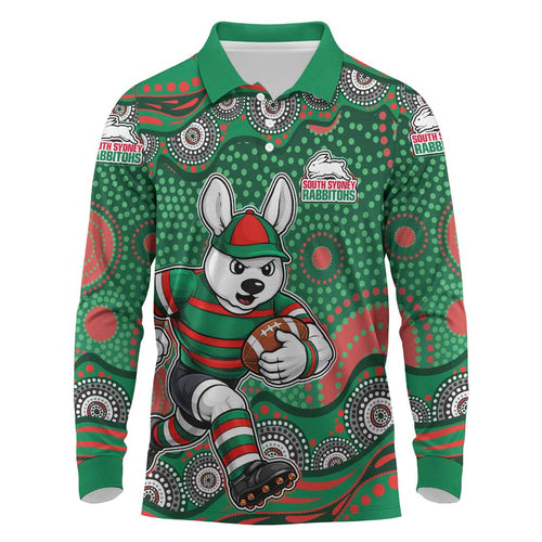 South Sydney Rabbitohs Long Sleeve Polo Shirt Aboriginal Dot Pattern - Rugby Mascot Heritage Pride