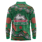 South Sydney Rabbitohs Long Sleeve Polo Shirt Aboriginal Dot Pattern - Rugby Mascot Heritage Pride