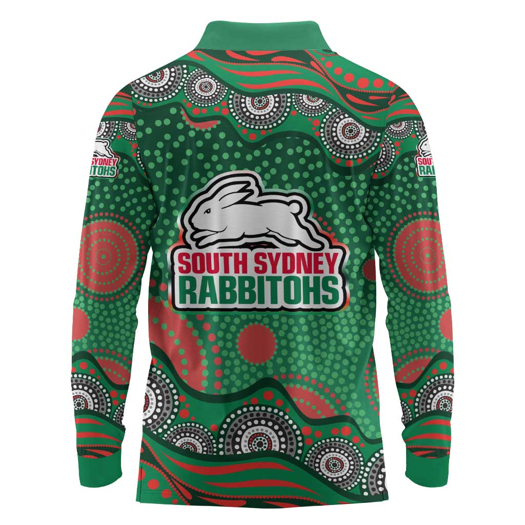 South Sydney Rabbitohs Long Sleeve Polo Shirt Aboriginal Dot Pattern - Rugby Mascot Heritage Pride
