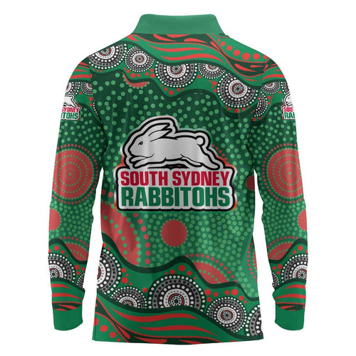 South Sydney Rabbitohs Long Sleeve Polo Shirt Aboriginal Dot Pattern - Rugby Mascot Heritage Pride
