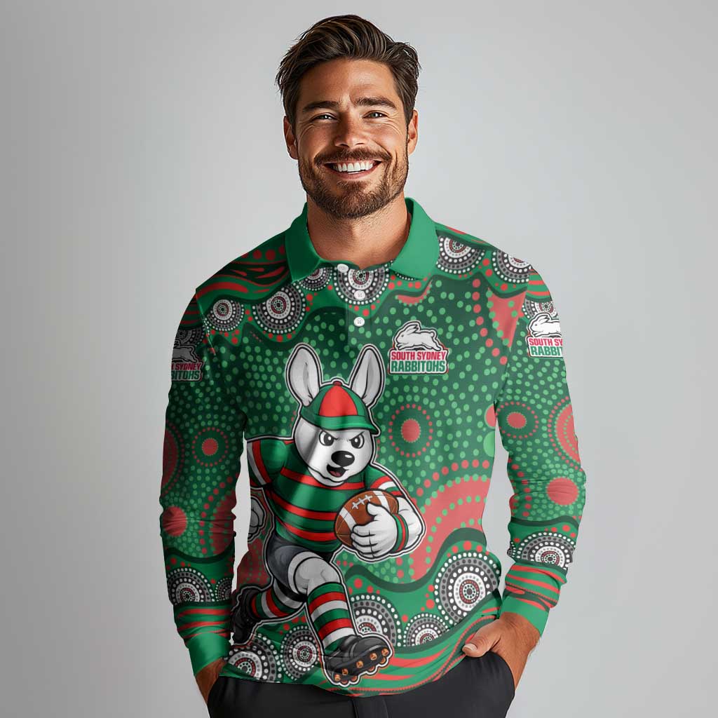 South Sydney Rabbitohs Long Sleeve Polo Shirt Aboriginal Dot Pattern - Rugby Mascot Heritage Pride