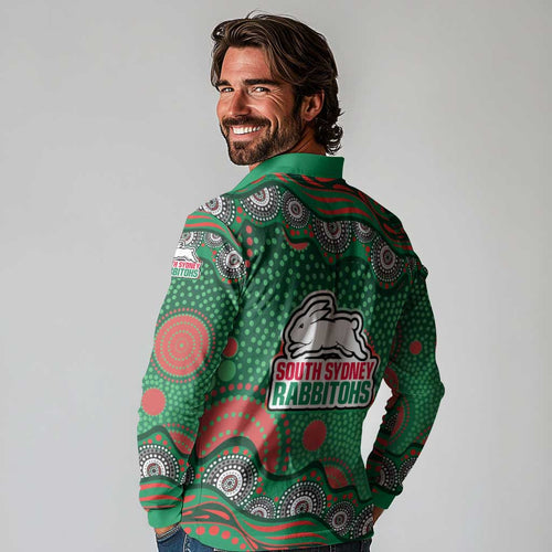 South Sydney Rabbitohs Long Sleeve Polo Shirt Aboriginal Dot Pattern - Rugby Mascot Heritage Pride