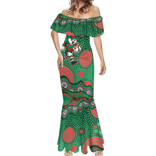 South Sydney Rabbitohs Mermaid Dress Aboriginal Dot Pattern - Rugby Mascot Heritage Pride