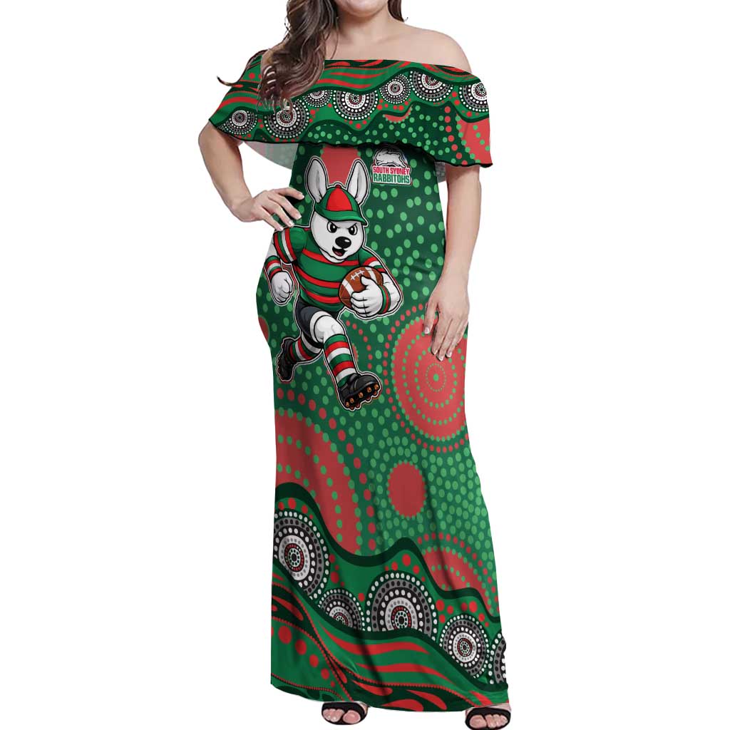 South Sydney Rabbitohs Off Shoulder Maxi Dress Aboriginal Dot Pattern - Rugby Mascot Heritage Pride