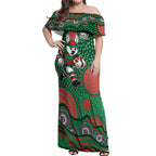 South Sydney Rabbitohs Off Shoulder Maxi Dress Aboriginal Dot Pattern - Rugby Mascot Heritage Pride