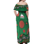 South Sydney Rabbitohs Off Shoulder Maxi Dress Aboriginal Dot Pattern - Rugby Mascot Heritage Pride