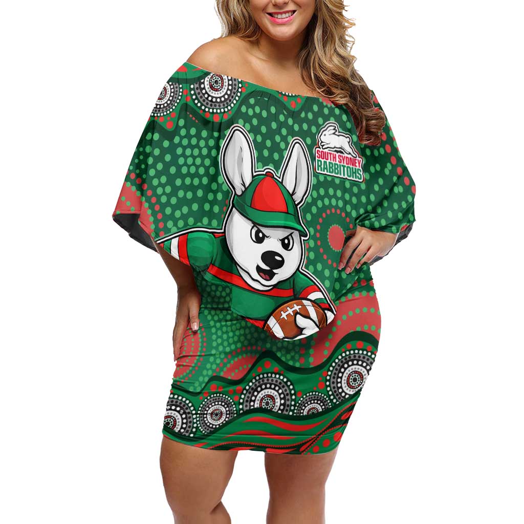 South Sydney Rabbitohs Off Shoulder Short Dress Aboriginal Dot Pattern - Rugby Mascot Heritage Pride