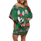 South Sydney Rabbitohs Off Shoulder Short Dress Aboriginal Dot Pattern - Rugby Mascot Heritage Pride